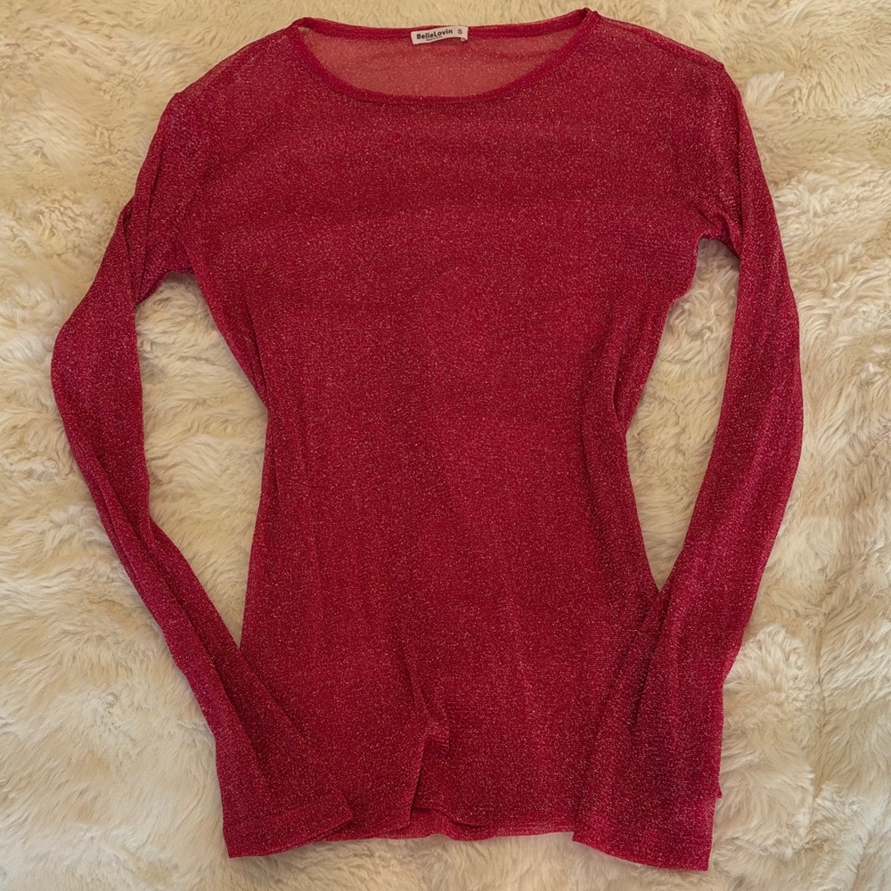 Sparkly Dark Pink Mesh Long Sleeve Top
